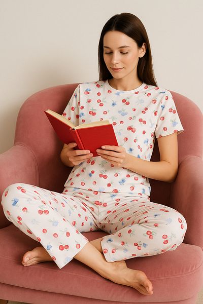 bendengiy Women's Short Sleeve Six Long Soft Textured Crew Neck Pajama Set