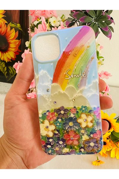 HyperAge iPhone 13 / 14 Rainbow and Flower Patterned Phone Case with Smile Written Stone Decoration