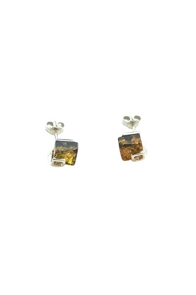 OEN Silver earrings with cognac brown amber, screw fastening, cube pattern, 1.5 g