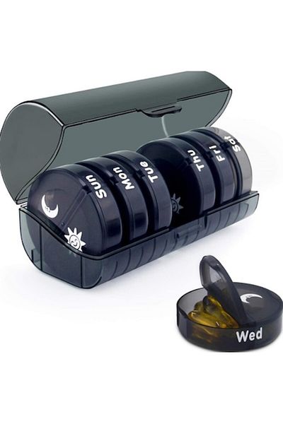 GABIANO Medicine Storage Box, 7 Days, 14 Compartments, Portable, Black, 17.5x11x9.5 cm