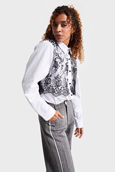 its basic Women's White Color Black Lace Detailed Special Design Shirt