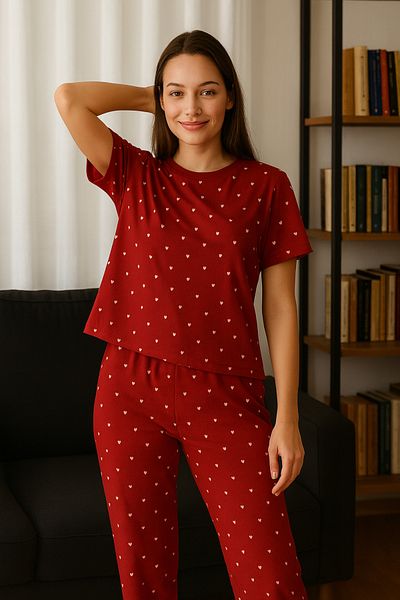 bendengiy Women's Short Sleeve Six Long Soft Textured Crew Neck Pajama Set