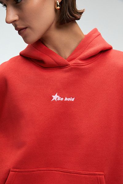 GRIMELANGE Melurea Women's Embroidered Hooded Comfort Fit Red Sweatshirt
