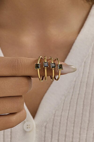 New Obsessions Çelik Kare Zirkon Taşlı Minimal Eklem Yüzük Seti 4 adet