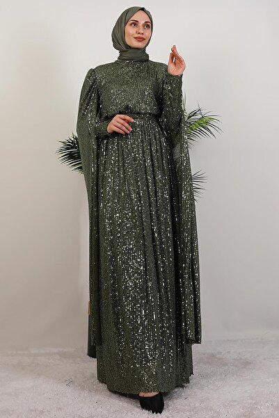 GİYZAMİLA Pul Payet Pelerinli Abiye Haki