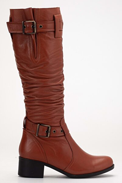 ANALİN SHOES Kadın Hakiki Deri Körüklü Ayarlanabilir Tokalı Çizme - Kiremit