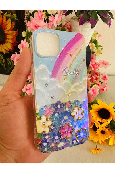 HyperAge iPhone 13 / 14 Rainbow and Flower Patterned Phone Case with Smile Written Stone Decoration