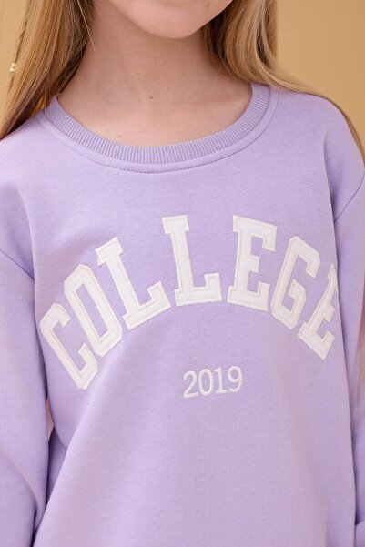 Perendi Girl's Crew Neck Embossed Lettering Detailed 2-Piece Tracksuit Set Without Sharps - Lilac