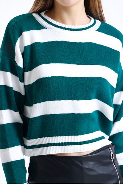 sole stories Women's Premium Soft Texture Crew Neck Striped Long Sleeve Crop Sweatshirt