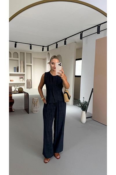 Sezgi Tekin Premium Series Black Crinkle Vest Trousers Set