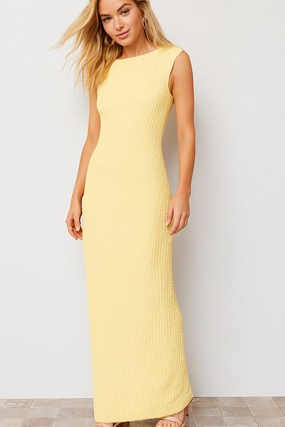 HAKKE Wide neck side gathered zero sleeve seersucker dress