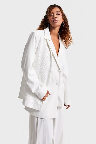 its basic Women's Ecru Color Lace Detailed Special Design Oversize Double Breasted Fabric Jacket