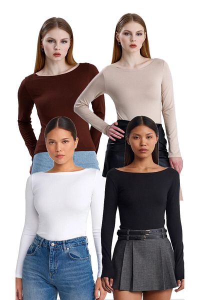Bukamiss Boat Neck Long Sleeve 4-Piece Ball-Black White Cream Brown