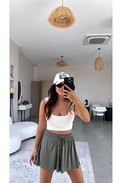 Buket Teke Khaki Silk Texture Shorts Lined Sports Skirt