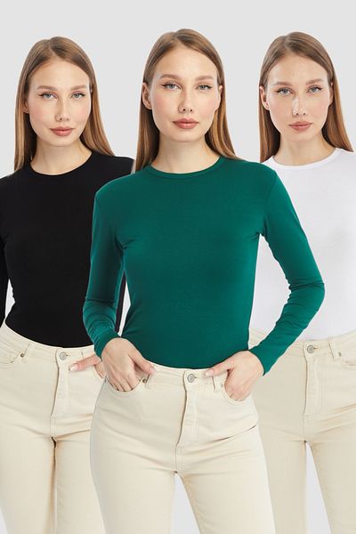 LAENT Women's Emerald Black White Round Neck 3-Piece Bodysuit