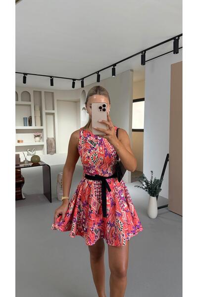 Sezgi Tekin Color Patterned Belt Detail Coral Bell Dress