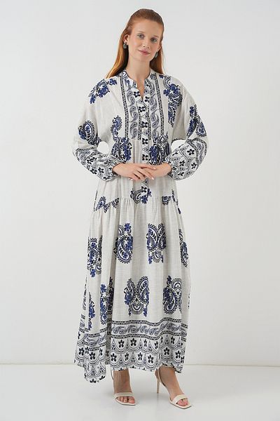 Merterium Women's Patterned Long Hijab Dress F.Navy Blue 1155