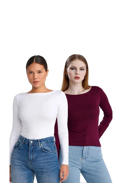 Bukamiss Boat Neck Long Sleeve 2-Piece Ball-White Plum