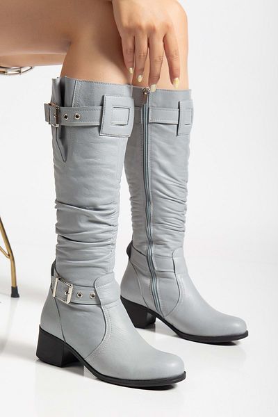 ANALİN SHOES Women's Genuine Leather Bellows Adjustable Buckle Boots - Gray
