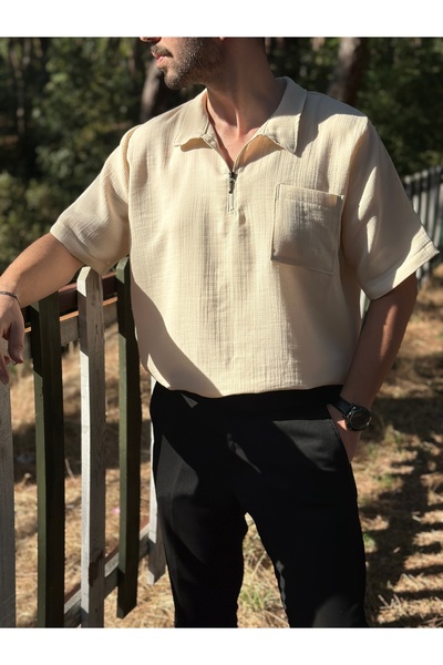 Paseam Atelier Kısa Kollu Tek Cepli Bej Müslin Kumaş Gömlek