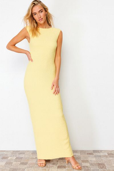 HAKKE Wide neck side gathered zero sleeve seersucker dress