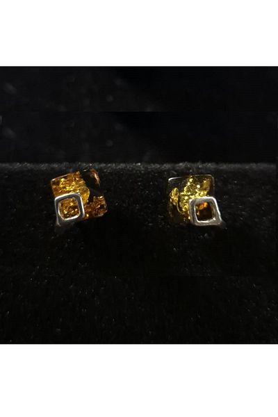 OEN Silver earrings with cognac brown amber, screw fastening, cube pattern, 1.5 g