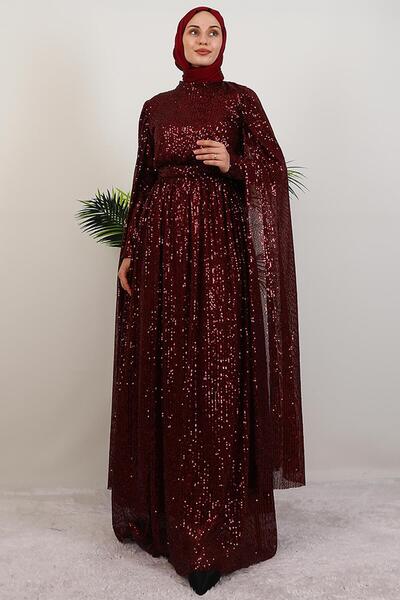 GİYZAMİLA Pul Payet Pelerinli Abiye Bordo