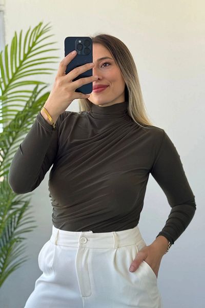Kubos Moda Half Fisherman Waist Gathered Khaki Long Sleeve Blouse