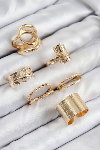 TT Tahtakale Toptancıları Brass Leaf Model Gold Color Women's Ring Combination Set