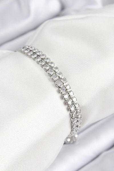 TT Tahtakale Toptancıları Brass Zircon Stone Double Row Model Silver Color Elevator Women's Bracelet