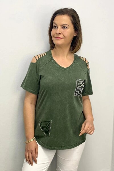 Mia Butik Women's Khaki Face Cotton Shoulder Laser Cut Blouse