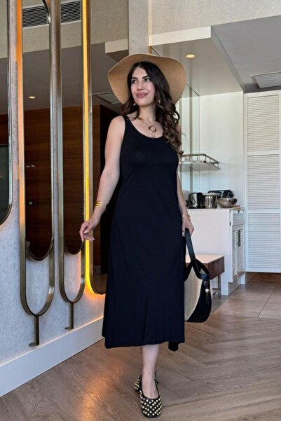 Mossta فستان فيسكوز أساسي بياقة دائرية وحزام - أسود