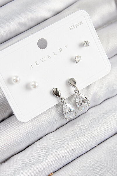 Nehir Pirinç Zirkon Taşlı Sallantılı Damla Model Gümüş Renk 925 Ayar Gümüş Çivi Kadın Küpe Set Sevgililer