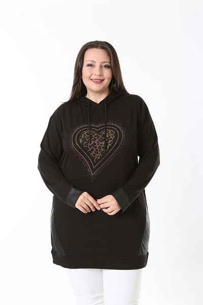 MODA LİZZA Women's Plus Size Stone Printed and Hooded Black Tunic