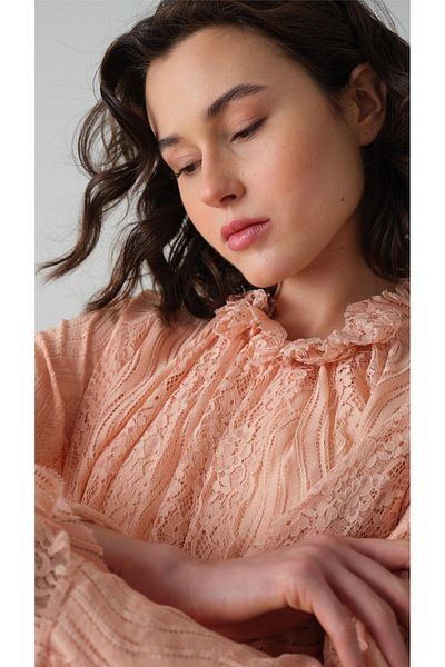 miha Hicran Önal Lace Detail Pants Suit Salmon