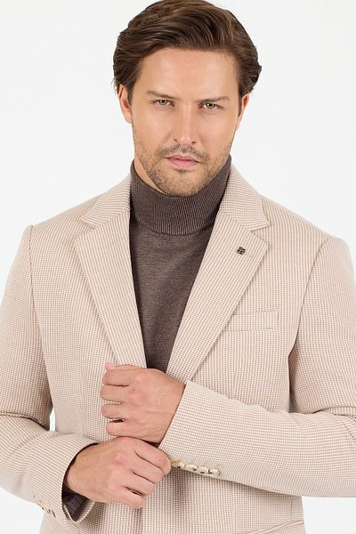 Frappoli Yumas Men's Beige Stretching Lycra Cotton Blended Knitted Fabric Sports Blazer Jacket