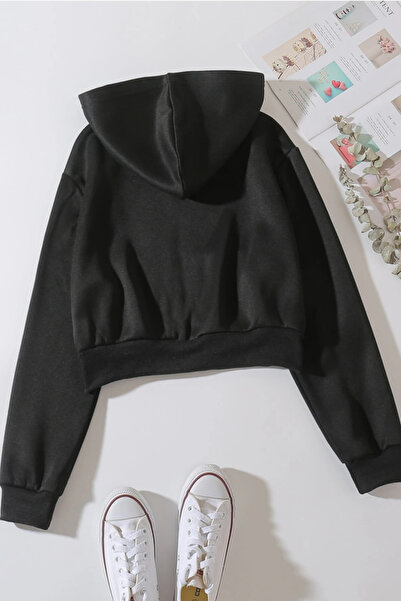 Tarz Cool Γυναικείο φούτερ με κουκούλα, ριγέ, μαύρο χρώμα, κομμένο σε μικρό μέγεθος