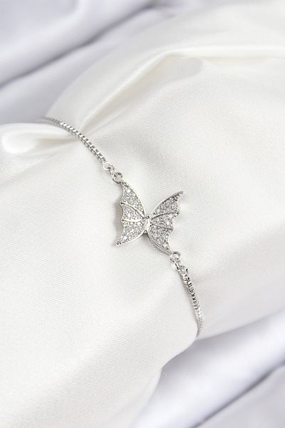 TT Tahtakale Toptancıları Brass Zircon Stone Butterfly Model Silver Color Elevator Women's Bracelet