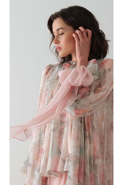 miha Hicran Önal Flower Patterned Pants Suit Salmon