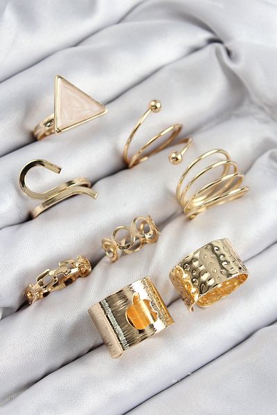 TT Tahtakale Toptancıları Brass Triangle Model Gold Color Women's Ring Combination Set