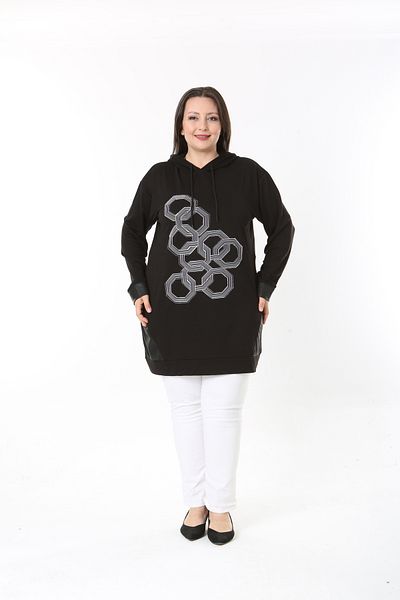 MODA LİZZA Women's Plus Size Stone Printed and Hooded Black Tunic