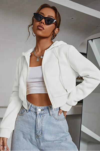 Tarz Cool Kadın Kapüşonlu Şardonlu Beyaz Renk Crop Sweatshirt
