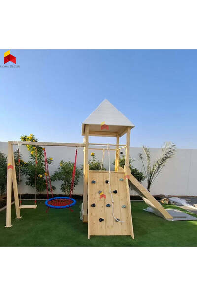Home Decor Outdoor Play Structure With Double Swing, Double Climbing Panels, Sandpit And Slide