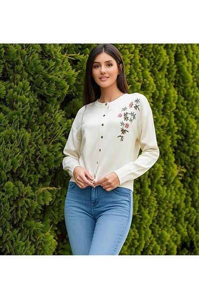 FLEX FASHION Women's Trend Popular Chest Embroidery Detail 60 cm Knitwear Cardigan