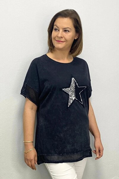Mia Butik Women's Black Washed Cotton Star Embroidered Blouse