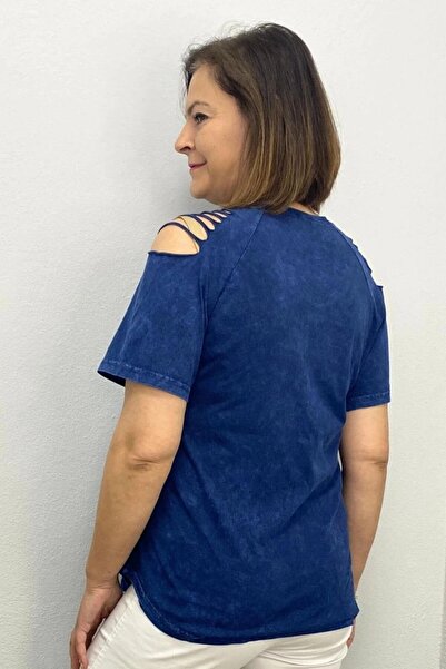 Mia Butik Women's Navy Blue Face Cotton Shoulder Laser Cut Blouse