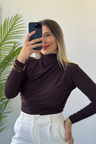 Kubos Moda Half Fisherman Waist Gathered Coffee Long Sleeve Blouse