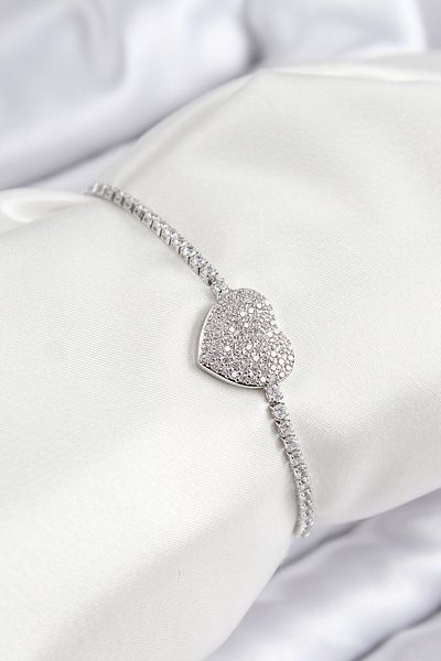 TT Tahtakale Toptancıları Brass Zircon Stone Heart Model Silver Color Elevator Women's Bracelet