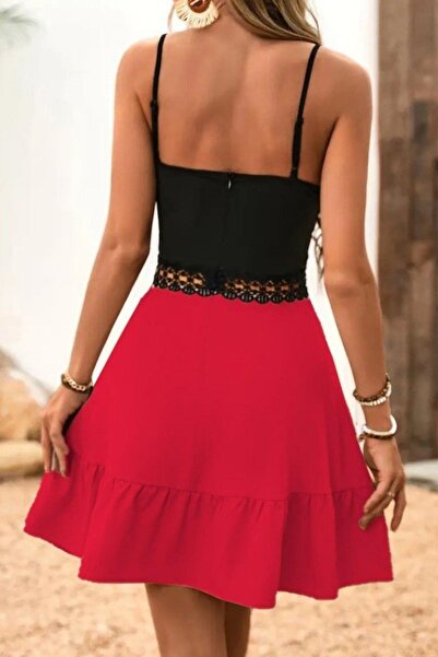 Mossta Double Breasted Collar Lace Detailed Imported Crepe Dress - Red