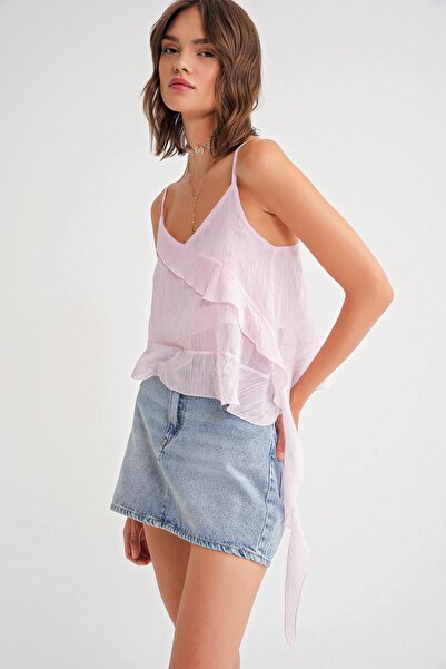 Mixray 4736 Women's Ruffled Strap Blouse Pink